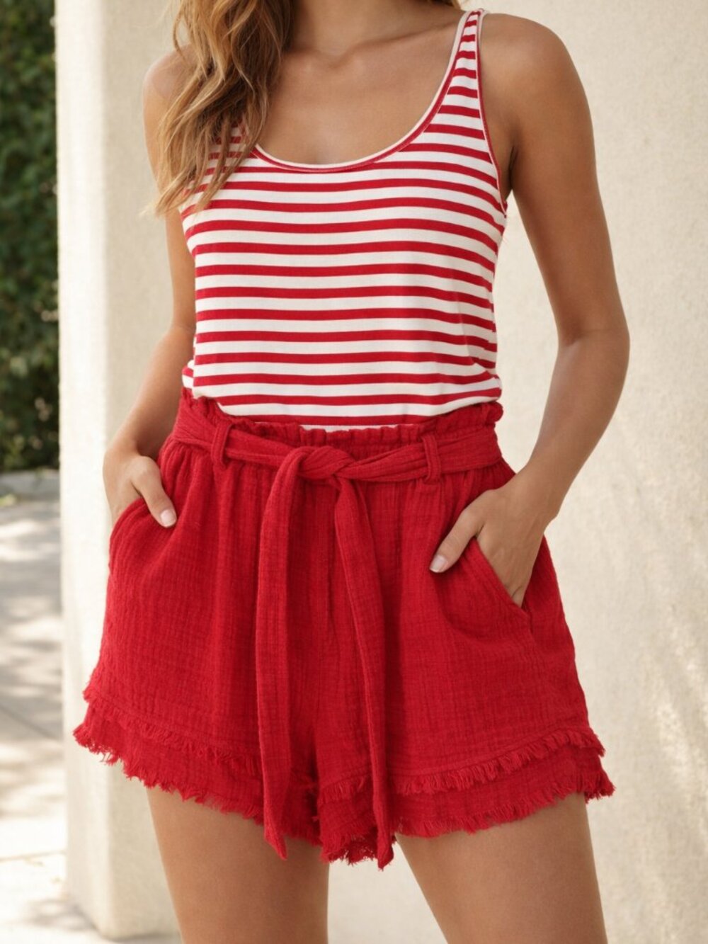 New In Women's High-Waist Red Tie-Belt cotton Gauze Shorts - Large (Juniors)